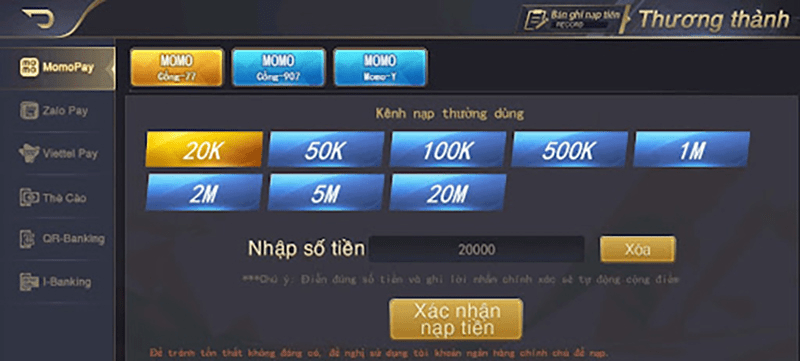 Thực hiện giao dịch nạp và rút tại game bài đổi thưởng Cfun 68