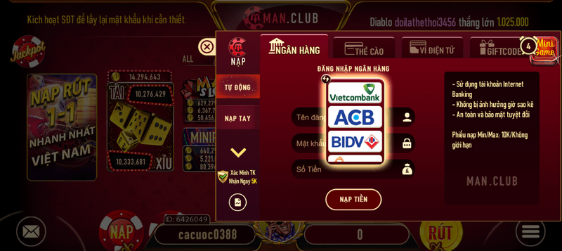 Cổng thanh toán nạp tiền được hỗ trợ tại MAN CLUB