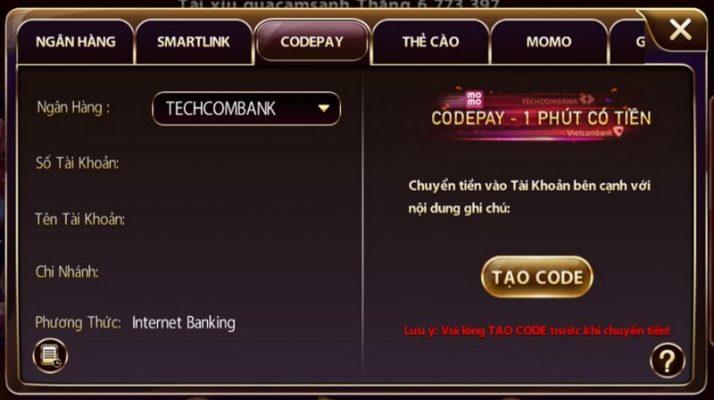 Nạp tiền qua Code Pay