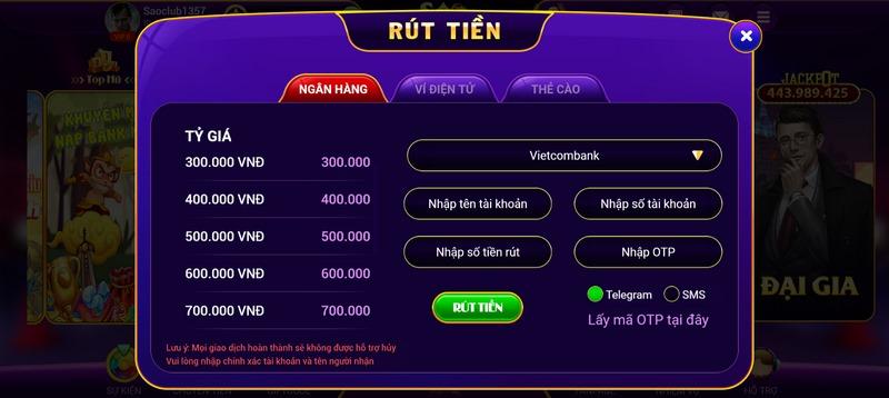 Rút tiền từ Sao Club về ngân hàng