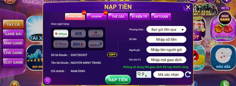 Nạp tiền qua Ngân hàng