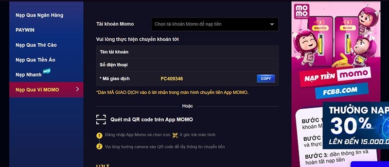 Hướng dẫn nạp tiền FCB8 chớp nhoáng cho tân thủ