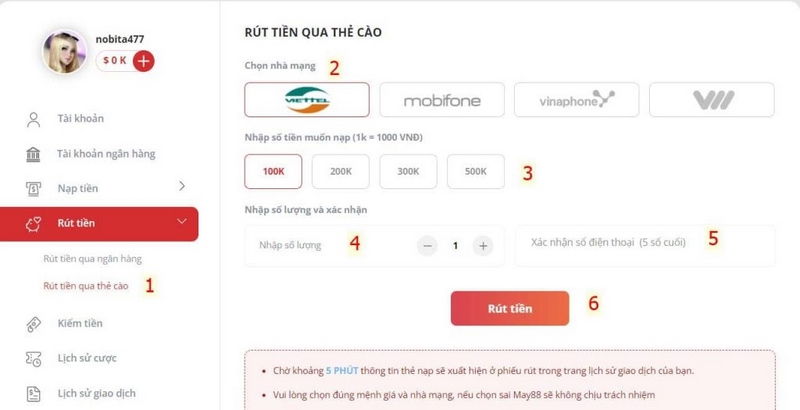 Hướng dẫn rút tiền siêu tốc vào tài khoản MAY88